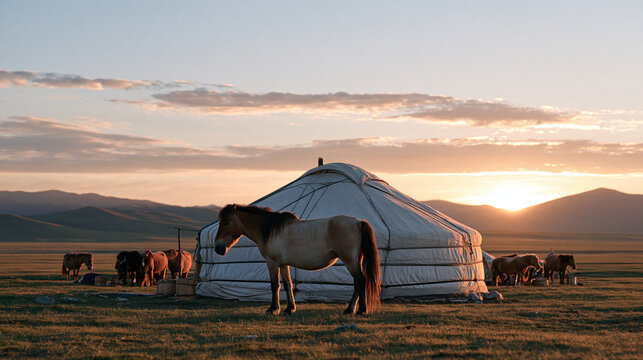 Mongolian herder family collecting mare milk in traditional birchwood buckets at sunrise, horses gathered near a round felt dwelling, steppe landscape, seasonal dairy harvest