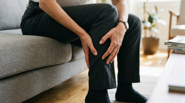 Leg pain knee pain muscle cramp senior man sitting living room sofa health problem leg injury discomfort Senior man sitting sofa holding painful leg, showing muscle cramp and joint discomfort
