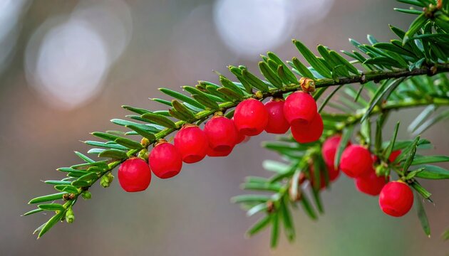 Yew branch with bright red berries for Christmas and winter decoration