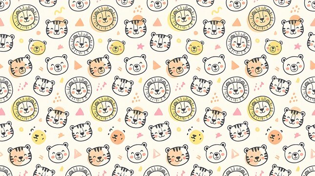 Seamless pattern with cute hand drawn lion and tiger heads in a doodle style for kids clothing and nursery wallpaper
