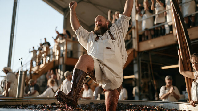 Inside a cooperative winery, a bearded man in rubber boots stomps barefoot in a large shallow vat of crushed grapes, both arms raised in joyful effort, juice staining his legs as