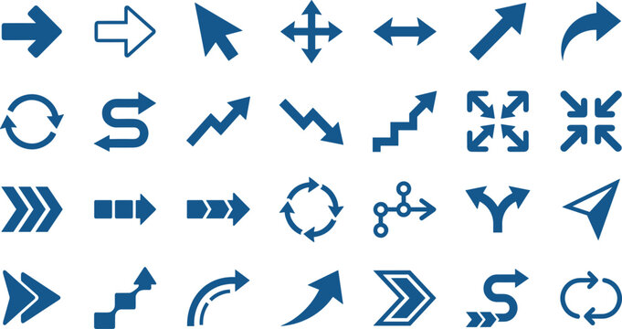 Blue Arrow Vector Icon Set featuring Cursor Pointers Refresh Cycle Symbols Financial Trends and Navigation Indicators for Corporate Web and Mobile Interface Designs