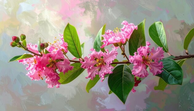 Flowering crepe myrtle branch with pink blossoms and green leaves