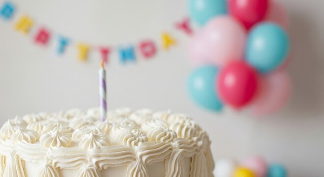 White Birthday Cake with Lit Candle and Balloons