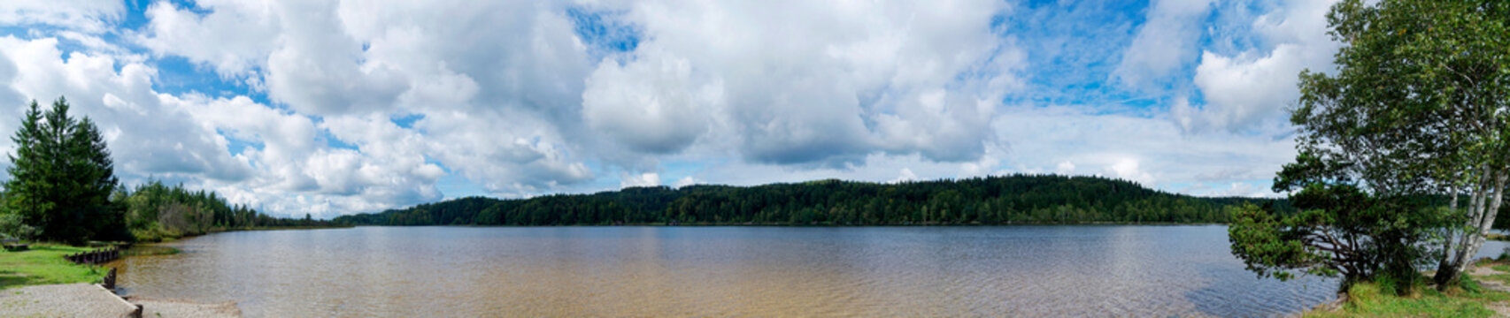 Kirchsee moorland lake in  Sachsenkam in Upper Bavaria part of Ellbach and Kirchseemoor nature reserve. View from the southern shore of lake