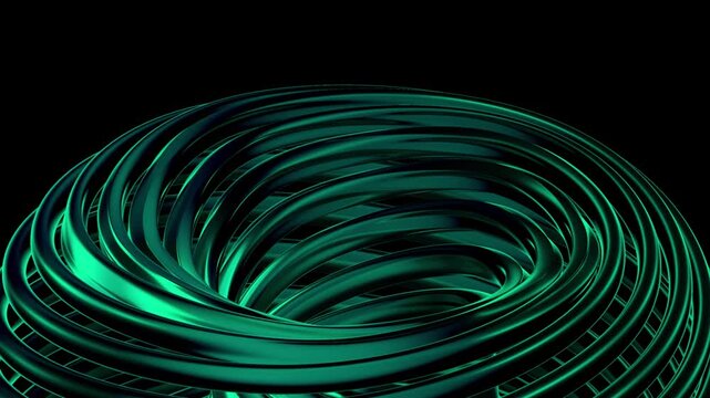 Abstract 3D render Rotating Green Metallic Wire Torus Seamless Loop Video, Wide Angle Cybernetic Ring Motion Graphics, Glowing Emerald Coil Axis Spin &ndash; Slanted wide view of a hollow metallic green