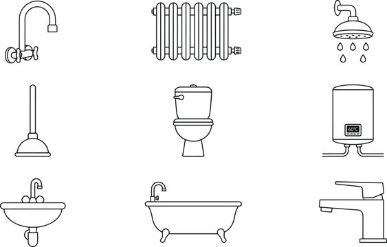 Bathroom plumbing and home heating system line icons set with faucet toilet shower radiator and bathtub symbols.