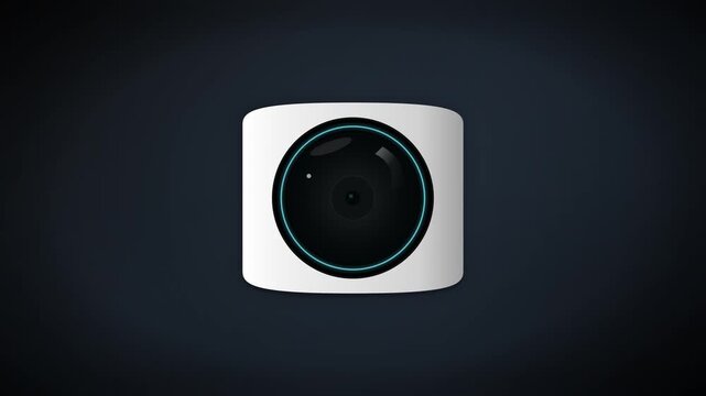 High-tech modern smart home security camera with glowing blue neon light ring, wireless surveillance system and motion detection monitoring for home safety and digital protection on dark background
