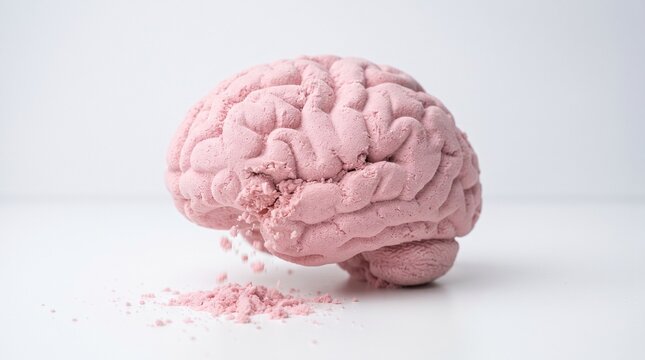 A human brain sculpted from pink kinetic sand representing the malleable and fragile nature of mental health awareness.