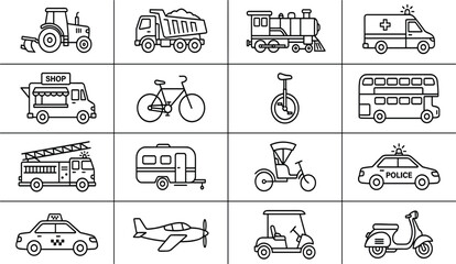 Public transport and emergency vehicle line icons set with tractor train ambulance taxi police car and airplane symbols. © MDASIF