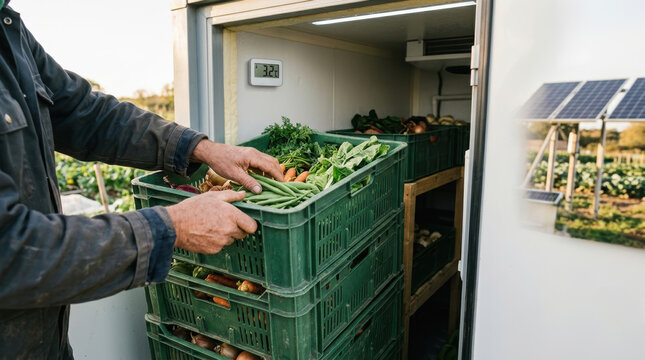 Farmer hand green crate fresh vegetable harvest storage renewable energy field sustainable agriculture