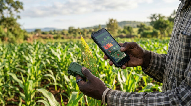 Farmer hand smartphone sensor corn field crop technology data agriculture outdoor green soil growth analysis rural summer sunlight research innovation device environment monitoring science