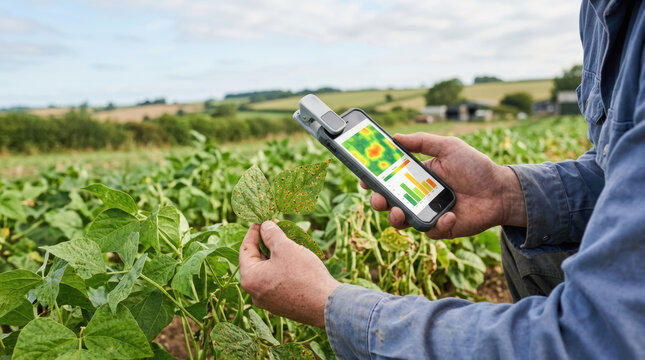 Farmer agriculture crop field leaf hand smartphone app data technology Sustainable agriculture farmer hand holding crop leaf and smartphone app with plant health data analysis over green field