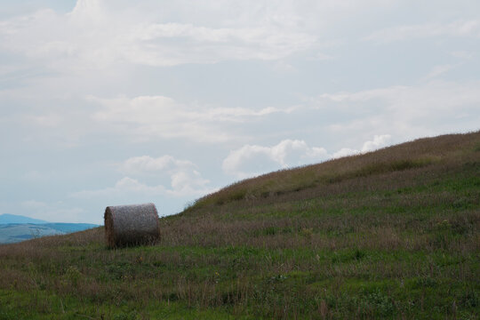 Hay bale resting on a rural hillside field under a cloudy sky, representing agriculture and harvest season