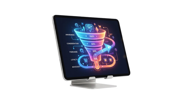 Digital marketing sales funnel on tablet screen, glowing neon business conversion diagram, futuristic data analytics and customer journey visualization