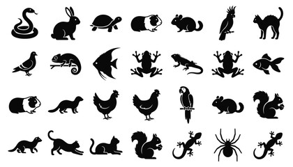 Fototapeta premium Domestic pets and small animals silhouette vector icon set featuring cats rodents birds reptiles and exotic domestic creatures for graphic design