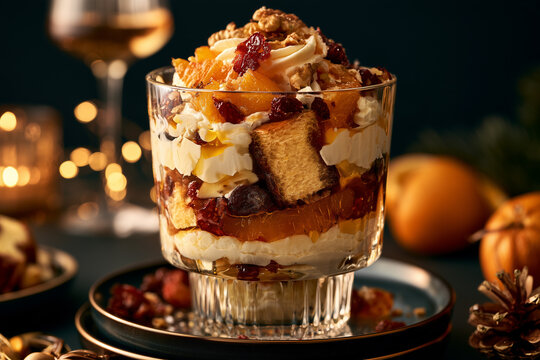 Panettone trifle served in a glass, visible layers of cake, cream and fruits, Christmas dessert