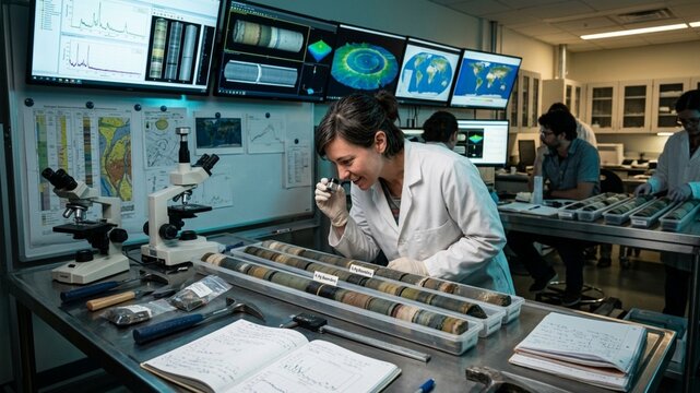 A dedicated scientist intensely examining geological core samples in a modern laboratory