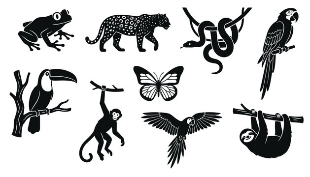 Tropical rainforest animals silhouette vector icon set featuring jaguar sloth monkey parrot toucan and exotic jungle wildlife for graphic design