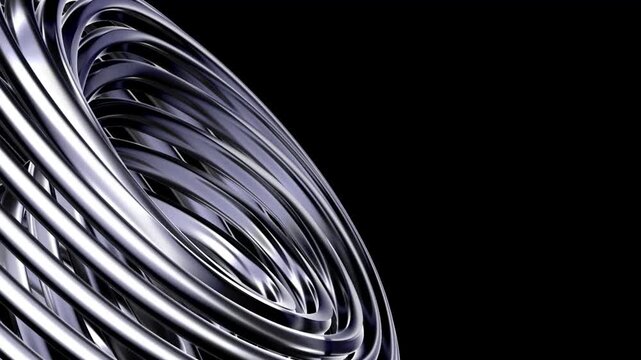 Abstract 3D render Rotating Silver Chrome Wire Ring Seamless Loop Video, Macro Cybernetic Ribbon Motion Graphics, Metallic Light Refraction Axis Spin &ndash; Close-up view of a spinning silver wire coil