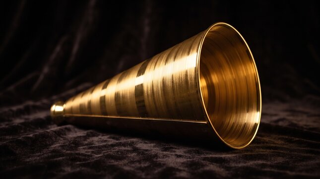 A marketing megaphone crafted from a rolled gold vinyl record representing the loud premium broadcast of audio advertising.
