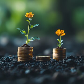 Yellow flowers blooming from stacks of gold coins on dark soil with a blurred green nature background for business growth