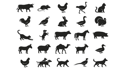 Fototapeta premium Domestic farm animals and pets silhouette vector icon set featuring livestock birds cats and dogs for graphic design