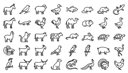 Obraz premium Cute animal outline icon set featuring farm livestock domestic pets birds reptiles and aquatic creatures for web graphic design