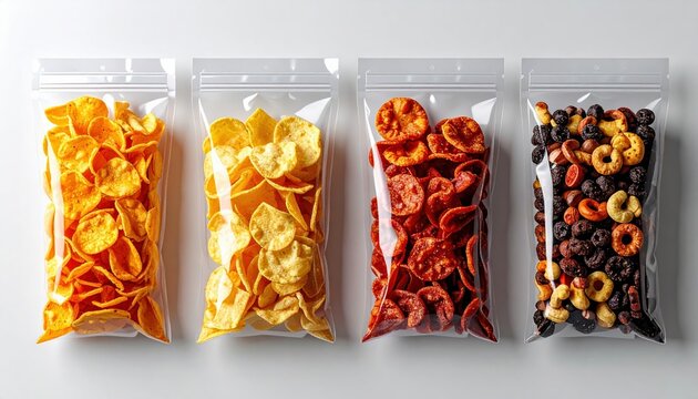 Four plastic snack pouches filled with assorted packaged snacks