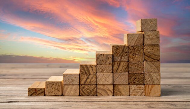Wooden building blocks arranged as ascending bar chart columns for business growth