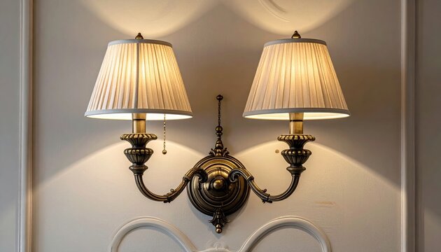 Elegant double bronze wall lamp with beige linen shades for classic interior decor
