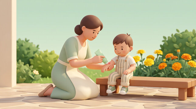 Loving mother kneeling on stone patio applying soothing ointment to little toddler's scraped wrist stock illustration&mdash;featuring green apron, striped overalls, wooden garden bench, blooming yellow mari