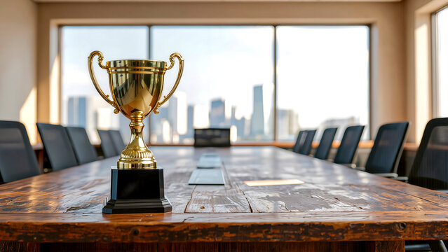A shiny gold trophy cup on a conference table in a modern boardroom with a city skyline view, symbolizing business success, corporate achievement, and a major milestone