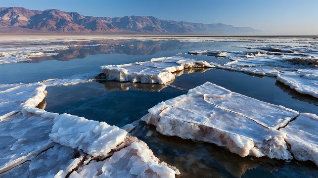 Natural evaporite basin displaying elegant salt crystal polygons surrounding shallow reflective pools beneath clean daylight premium environmental composition sharp realism