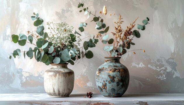 Two decorative vases filled with dried plants and eucalyptus leaves for interior decor
