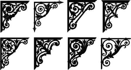 Set of black vintage wrought iron shelf brackets and architectural corbels on a white background © Manik