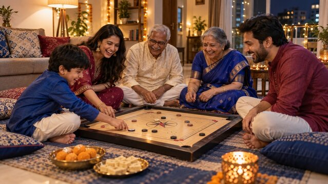 Multigenerational Indian family plays carrom after Diwali dinner, capturing traditional indoor games, grandparents with children, festive leisure, home entertainment and warm togetherness