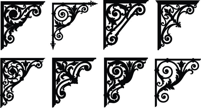 Set of black vintage wrought iron shelf brackets and architectural corbels on a white background