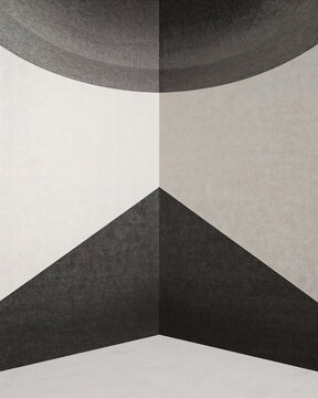 An abstract corner view of a room with geometric black and white painted walls creating a sharp, high-contrast triangular and circular pattern