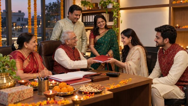 Gujarati and Marwari family members gather around business ledgers and festive offerings, representing Diwali prosperity, traditional enterprise, commerce, family ownership and good fortune