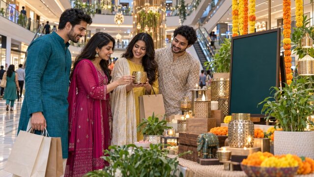 Young Indian friends shop at a decorated Bengaluru mall during Diwali, highlighting modern retail, urban consumer lifestyle, festive displays, shopping bags, seasonal commerce and gifting