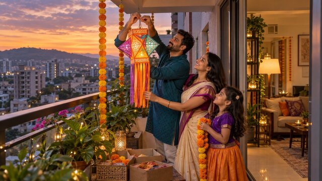 Indian family hangs a glowing akash kandil on a Pune apartment balcony at sunset, showcasing Maharashtra Diwali decor, regional tradition, urban home life, festival lights and family heritage