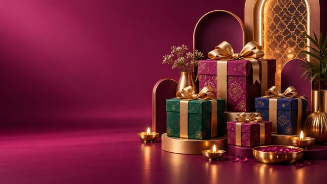 Premium 3D Diwali gift boxes with gold ribbons and glowing diyas on a magenta set leave copy space for festive sales, ecommerce banners, retail promotions, luxury campaigns and product launches