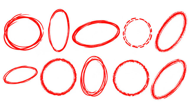 Red hand drawn circles and ovals set isolated on white background   