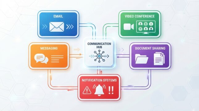 Corporate communication infographic showing internal business workflow and data connectivity