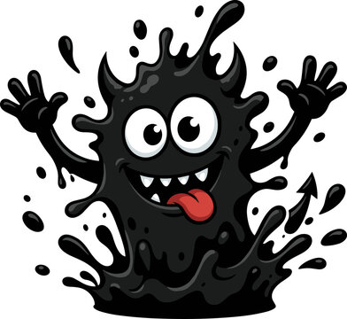 Cartoon ink monster character with a playful expression, wide eyes, and a sticking out tongue, splashing in black liquid