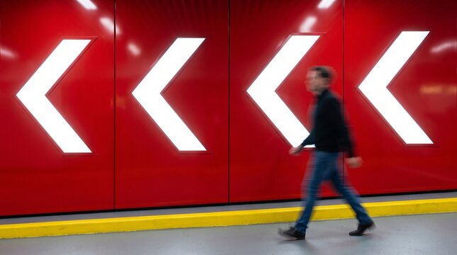 Person walking past a red wall with illuminated white arrows in a corridor with blurred person walks
