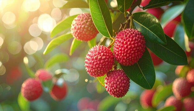 Fresh lychee fruit cluster growing on branch with green leaves