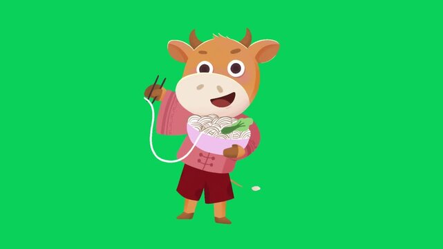 Cartoon cow character waves and gestures while holding a microphone on green