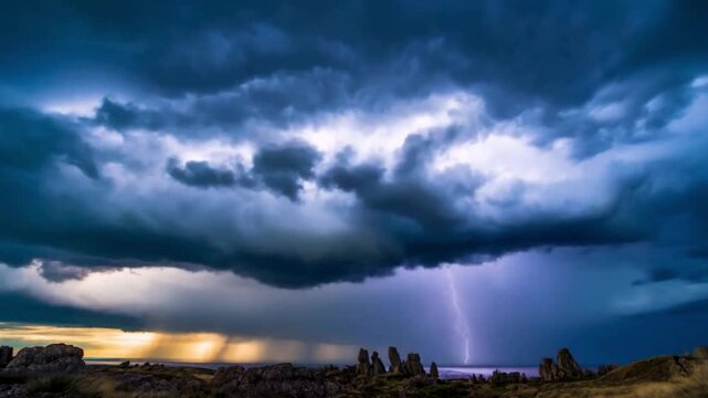 A massive storm loomed overhead, with clouds ranging from deep, dark gray to a purplish-blue, while heavy rain fell like a curtain on the yellowish-hued left side.